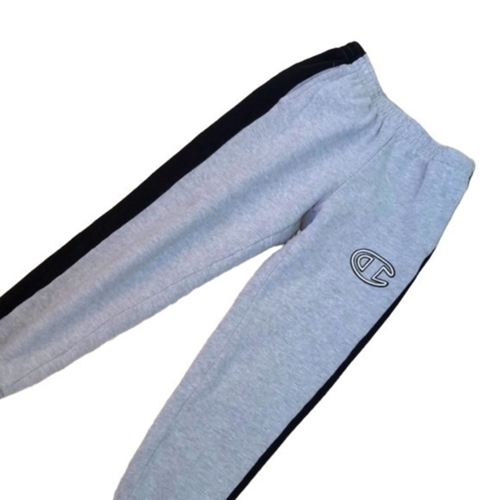 CHAMPION | Youth Grey Champion Logo Sweatpants + Black Side Stripe, Size Medium